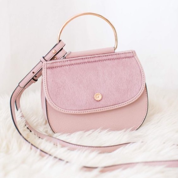 LC LAUREN CONRAD Delice Bag Fuzzy Faux-Fur Flap Crossbody Boho Pale Rose Pink - Picture 2 of 5